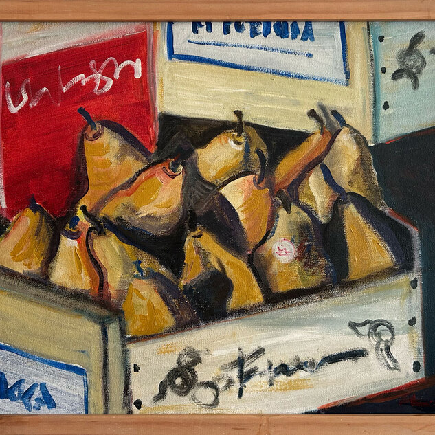 Pears in a box acrylic on canvas
